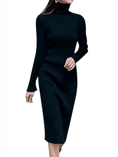 Minetom Damen Strickkleid Rollkragen Herbst Winter Sexy Langarm Midi Kleid Pulli Langes Kleid Slim Pulloverkleid Bodycon Warm Wickelkleid D Schwarz M von Minetom