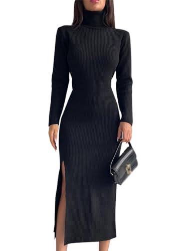 Minetom Damen Strickkleid Rollkragen Herbst Winter Sexy Langarm Midi Kleid Pulli Langes Kleid Slim Pulloverkleid Bodycon Warm Wickelkleid E Schwarz XS von Minetom