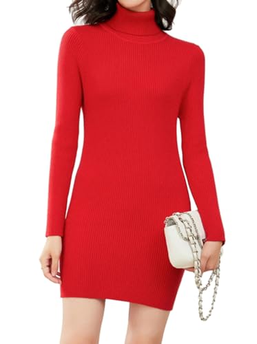Minetom Damen Strickkleid Rollkragen Herbst Winter Sexy Langarm Mini Kleid Pulli Kurzes Kleid Slim Pulloverkleid Bodycon Warm Wickelkleid A Rot L von Minetom
