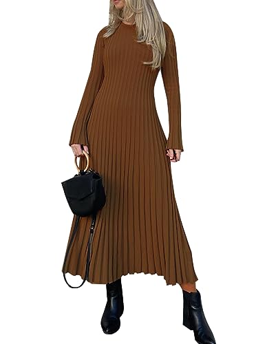 Minetom Damen Strickkleid Wickelkleid Pulloverkleid Casual Rundhals Langarm Lang Abendkleid Partykleid Winterkleid Elegant A-Linie Maxi Kleider A Braun M von Minetom