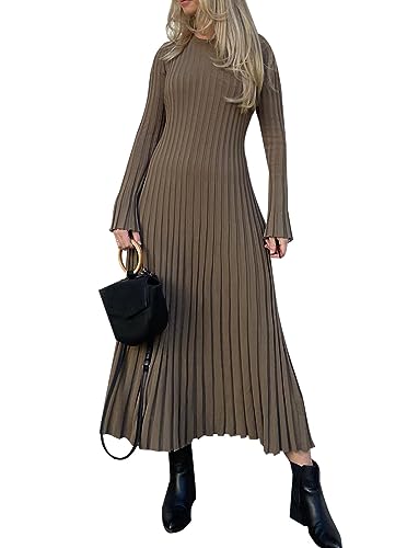 Minetom Damen Strickkleid Wickelkleid Pulloverkleid Casual Rundhals Langarm Lang Abendkleid Partykleid Winterkleid Elegant A-Linie Maxi Kleider A Khaki L von Minetom