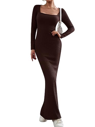 Minetom Damen Strickkleid Wickelkleid Pulloverkleid Partykleid Einfarbig Langarm Bodycon Figurbetontes Kleid Casual Langes Kleid Maxikleid A Braun M von Minetom