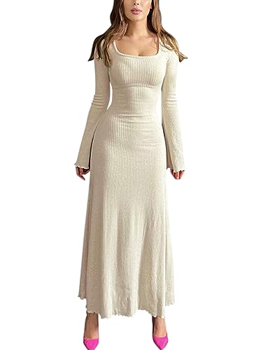 Minetom Damen Strickkleid Wickelkleid Pulloverkleid Partykleid Einfarbig Langarm Bodycon Figurbetontes Kleid Casual Langes Kleid Maxikleid C Beige S von Minetom