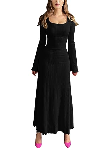 Minetom Damen Strickkleid Wickelkleid Pulloverkleid Partykleid Einfarbig Langarm Bodycon Figurbetontes Kleid Casual Langes Kleid Maxikleid C Schwarz L von Minetom