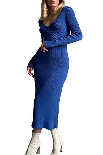 Minetom Damen Strickkleid Wickelkleid Pulloverkleid V-Ausschnitt Langarm Bodycon Lang Abendkleid Partykleid Winterkleid Cocktail Kleider C Blau M von Minetom