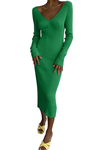 Minetom Damen Strickkleid Wickelkleid Pulloverkleid V-Ausschnitt Langarm Bodycon Lang Abendkleid Partykleid Winterkleid Cocktail Kleider C Grün L von Minetom