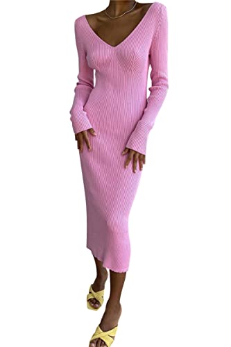 Minetom Damen Strickkleid Wickelkleid Pulloverkleid V-Ausschnitt Langarm Bodycon Lang Abendkleid Partykleid Winterkleid Cocktail Kleider C Rosa M von Minetom