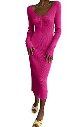 Minetom Damen Strickkleid Wickelkleid Pulloverkleid V-Ausschnitt Langarm Bodycon Lang Abendkleid Partykleid Winterkleid Cocktail Kleider C Rose L von Minetom