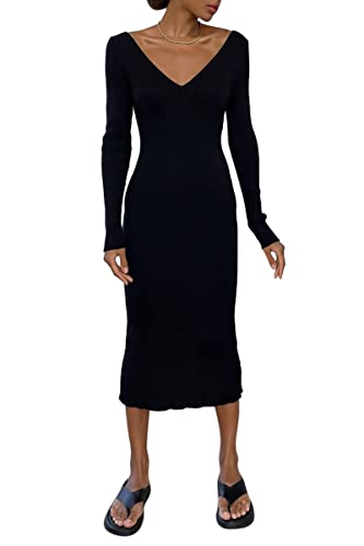 Minetom Damen Strickkleid Wickelkleid Pulloverkleid V-Ausschnitt Langarm Bodycon Lang Abendkleid Partykleid Winterkleid Cocktail Kleider C Schwarz M von Minetom