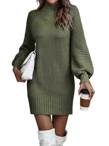 Minetom Damen Strickkleid Winter Puff Ärmel Rollkragen Minikleid Winterkleid Hohe Elastizität Pulloverkleid Herbst Winter Langarm Kleider Strick A Grün M von Minetom