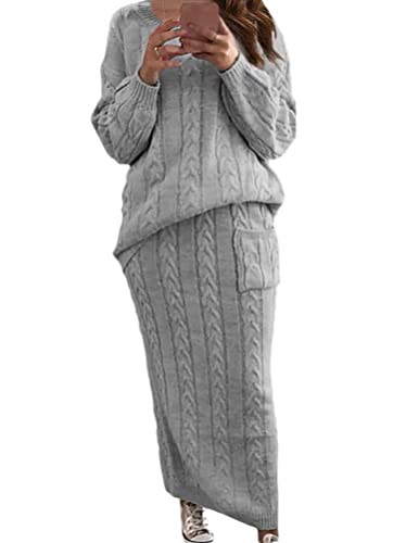 Minetom Damen Strickkleid Zweiteiliger Anzug Pullover Oberteil und Midi Strickrock Bodycon 2 Stück Set Winter Strick Kleid Pulloverkleid A Grau XXL von Minetom