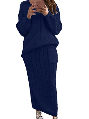 Minetom Damen Strickkleid Zweiteiliger Anzug Pullover Oberteil und Midi Strickrock Bodycon 2 Stück Set Winter Strick Kleid Pulloverkleid A Marine L von Minetom