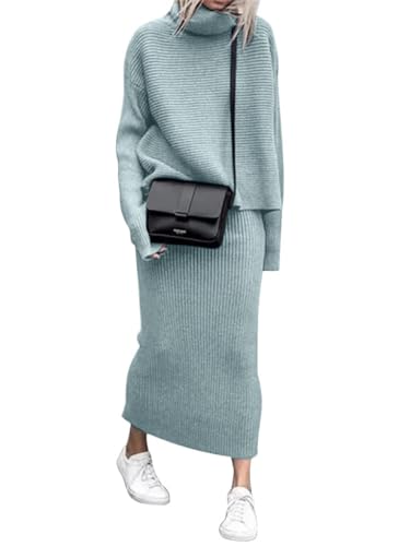 Minetom Damen Strickkleid Zweiteiliger Anzug Pullover Oberteil und Midi Strickrock Bodycon 2 Stück Set Winter Strick Kleid Rollkragen Pulloverkleid B Blau S von Minetom
