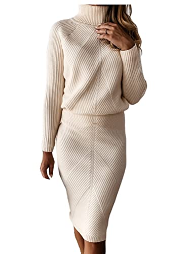 Minetom Damen Strickkleid Zweiteiliger Anzug Rollkragen Pullover Oberteil und Strickrock Bleistiftrock Elastische Knielang Bodycon 2 Stück Set Pulloverkleid A Beige L von Minetom