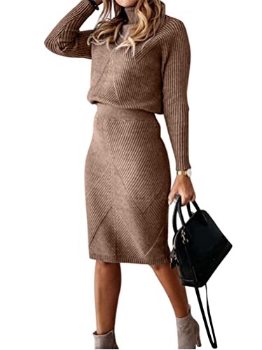 Minetom Damen Strickkleid Zweiteiliger Anzug Rollkragen Pullover Oberteil und Strickrock Bleistiftrock Elastische Knielang Bodycon 2 Stück Set Pulloverkleid A Braun L von Minetom