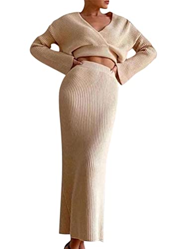 Minetom Damen Strickkleid Zweiteiliger Anzug V-Ausschnitt Pullover Oberteil und Strickrock Bleistiftrock Midi Röcke 2 Stück Set Pulloverkleid B Beige XS von Minetom