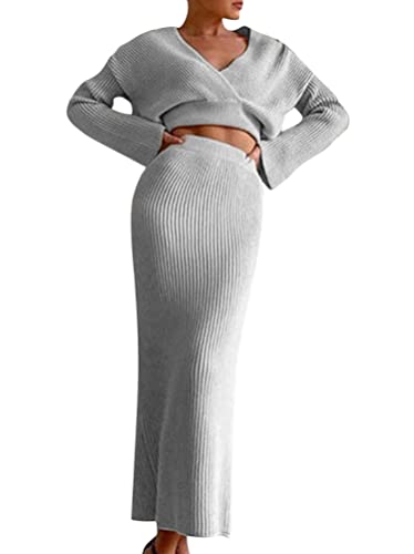 Minetom Damen Strickkleid Zweiteiliger Anzug V-Ausschnitt Pullover Oberteil und Strickrock Bleistiftrock Midi Röcke 2 Stück Set Pulloverkleid B Grau M Minetom Damen Strickkleid Zweiteiliger Anzug V-Ausschnitt Pullover Oberteil und Strickrock Bleistiftrock Midi Röcke 2 Stück Set Pulloverkleid B Grau M von Minetom