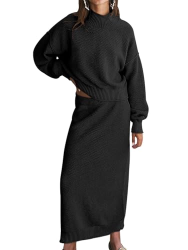 Minetom Damen Strickkleid Zweiteiliger Pullover Oberteil und Strickrock 2 Stück Set Elegant Langarm Pulloverkleid Winterkleid Strick Kleid A Schwarz XXL von Minetom