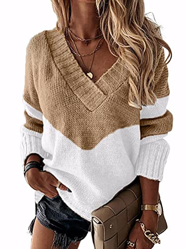 Minetom Damen Strickpullover Casual Herbst Winter Sweater Langarm Lose Pulli Jumper Sweatshirt Strickpulli Pullover Rollkragenpullover Streifenpullover F Khaki 34 von Minetom