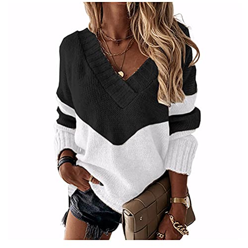 Minetom Damen Strickpullover Casual Herbst Winter Sweater Langarm Lose Pulli Jumper Sweatshirt Strickpulli Pullover Rollkragenpullover Streifenpullover F Schwarz 40 von Minetom
