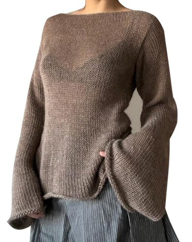 Minetom Damen Strickpullover Casual Pulli Langarm Rückenfrei Transparent Strickpulli Pullover Mode Oberteile Sweater Tops A Braun L von Minetom