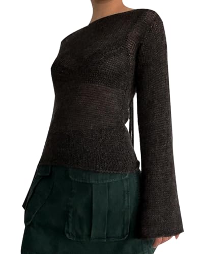 Minetom Damen Strickpullover Casual Pulli Langarm Rückenfrei Transparent Strickpulli Pullover Mode Oberteile Sweater Tops A Schwarz L von Minetom