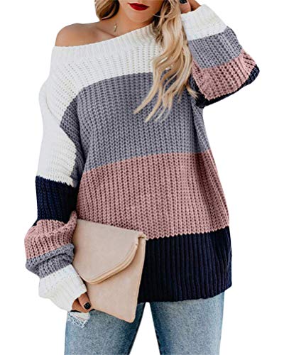Minetom Damen Strickpullover Farbblock Pullover Casual Winter Sweater Sweatshirt Winter Bluse Streifenpullover C Rosa 34 von Minetom
