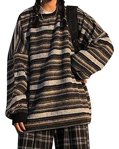 Minetom Damen Strickpullover Oversize Rundhals Langarm Gestreifte College Strickpulli Teenager Mädchen Pullover Retro Winter Mode Pullover Oberteile Tops A Schwarz M von Minetom