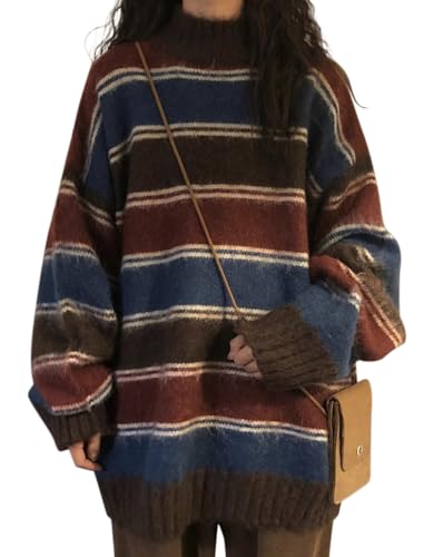 Minetom Damen Strickpullover Oversize Rundhals Langarm Gestreifte Strickpulli Mädchen Pullover Retro Herbst Winter Streifen Pulli Oberteile Tops A Blau M Minetom Damen Strickpullover Oversize Rundhals Langarm Gestreifte Strickpulli Mädchen Pullover Retro Herbst Winter Streifen Pulli Oberteile Tops A Blau M von Minetom
