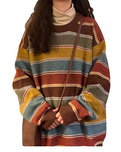 Minetom Damen Strickpullover Oversize Rundhals Langarm Gestreifte Strickpulli Mädchen Pullover Retro Herbst Winter Streifen Pulli Oberteile Tops A Blau XL von Minetom