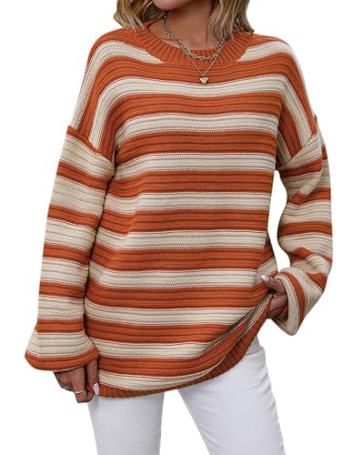 Minetom Damen Strickpullover Oversize Rundhals Langarm Gestreifte Strickpulli Mädchen Pullover Retro Herbst Winter Streifen Pulli Oberteile Tops C Orange XL von Minetom