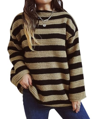 Minetom Damen Strickpullover Oversize Rundhals Langarm Gestreifte Strickpulli Mädchen Pullover Retro Herbst Winter Streifen Pulli Oberteile Tops E Khaki L Minetom Damen Strickpullover Oversize Rundhals Langarm Gestreifte Strickpulli Mädchen Pullover Retro Herbst Winter Streifen Pulli Oberteile Tops E Khaki L von Minetom
