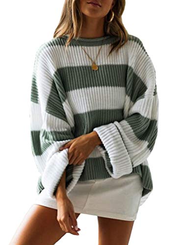 Minetom Damen Strickpullover Pullover Casual Winter Sweater Sweatshirt Winter Streifenpullover Langarm Rundhals Loose Strickpulli Grün 36 von Minetom