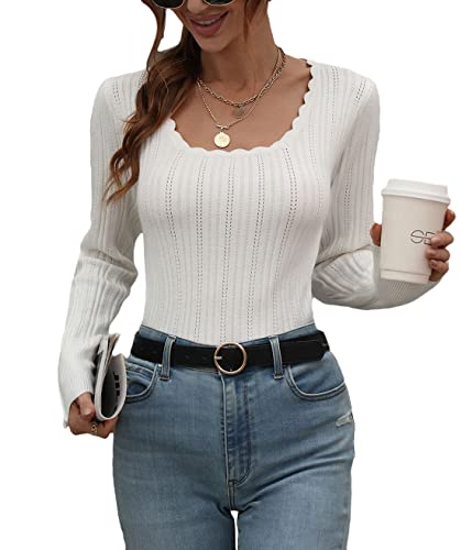 Minetom Damen Strickpullover Shirt Langarm Rundhals Basic Oberteile Button Casual Slim Fit Strickoberteile Einfarbig Langarmshirt A Weiß XL von Minetom