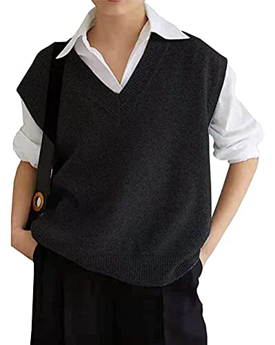 Minetom Damen Strickweste Pullunder Weste Frühling Herbst Ärmellose V-Ausschnitt Strickjacke Cardigan Strickweste Vest Top Casual Outwear A Schwarz XL von Minetom