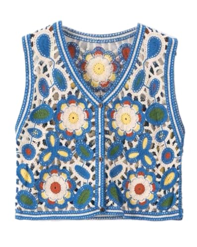 Minetom Damen Strickweste Vintage Blumen Stickerei Weste Ärmellos Strickjacke Cardigan Casual Oberteile Weste Tops mit Knopf 02 Blau Einheitsgröße von Minetom