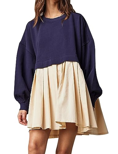 Minetom Damen Sweatshirt Kleid Oversized Langarm Rundhals Pullover Tops Casual Lockerer Sweatshirts Mini Kleid Sweatkleid Langarmshirt 90er Y2K Fashion Teenager Mädchen Pulli Oberteile A Marineblau L von Minetom