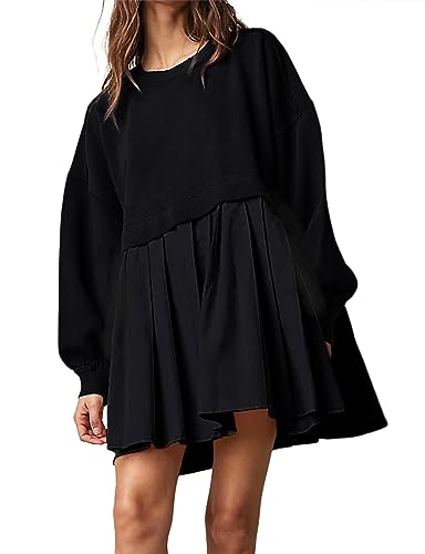 Minetom Damen Sweatshirt Kleid Oversized Langarm Rundhals Pullover Tops Casual Lockerer Sweatshirts Mini Kleid Sweatkleid Langarmshirt 90er Y2K Fashion Teenager Mädchen Pulli Oberteile A Schwarz M von Minetom