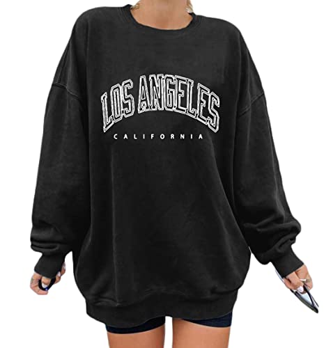 Minetom Damen Sweatshirt ohne Kapuze Los Angeles Vintage Drucken Oversized Langarmshirt Rundhals Pullover Tops Mädchen Lockerer Oberteile Hip Hop Top Casual Mode Brief Print Shirt A Schwarz L z von Minetom