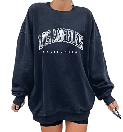 Minetom Pullover Damen Herbst Sweatshirt ohne Kapuze Los Angeles Vintage Drucken Oversized Langarmshirt Rundhals Pulli Oberteile Tops übergroße A Blau L von Minetom