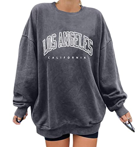 Minetom Damen Sweatshirt ohne Kapuze Los Angeles Vintage Drucken Oversized Langarmshirt Rundhals Pullover Tops Teenager Mädchen Lockerer Oberteile Hip Hop Top Casual Mode Brief Print Shirt A Grau L von Minetom