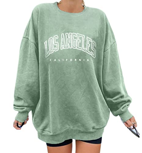 Minetom Pullover Damen Herbst Sweatshirt ohne Kapuze Los Angeles Vintage Drucken Oversized Langarmshirt Rundhals Pulli Oberteile Tops übergroße A Grün S von Minetom