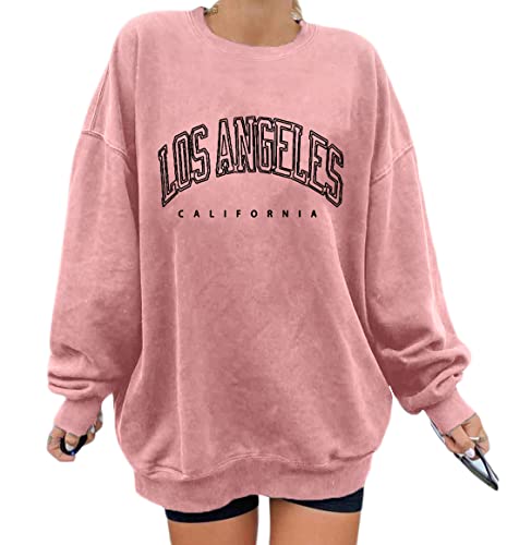 Minetom Damen Sweatshirt ohne Kapuze Los Angeles Vintage Drucken Oversized Langarmshirt Rundhals Pullover Tops Teenager Mädchen Lockerer Oberteile Hip Hop Top Casual Mode Brief Print Shirt A Rosa L von Minetom