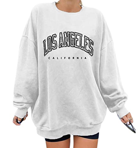 Minetom Damen Sweatshirt ohne Kapuze Los Angeles Vintage Drucken Oversized Langarmshirt Rundhals Pullover Tops Teenager Mädchen Lockerer Oberteile Hip Hop Top Casual Mode Brief Print Shirt A Weiß XS von Minetom