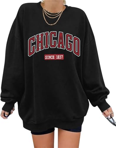 Minetom Damen Sweatshirt ohne Kapuze Vintage Drucken Oversized Langarmshirt Rundhals Pullover Tops Mädchen Lockerer Oberteile Hip Hop Top Casual Mode Brief Print Shirt F Schwarz M von Minetom