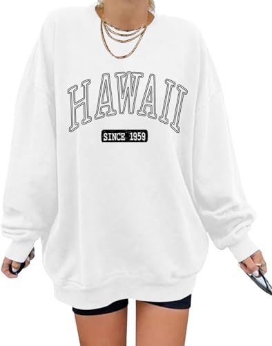 Minetom Damen Sweatshirt ohne Kapuze Vintage Drucken Oversized Langarmshirt Rundhals Pullover Tops Mädchen Lockerer Oberteile Hip Hop Top Casual Mode Brief Print Shirt J Weiß L von Minetom