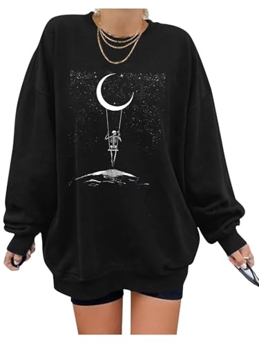 Minetom Damen Sweatshirt ohne Kapuze Vintage Drucken Oversized Langarmshirt Rundhals Pullover Tops Mädchen Lockerer Oberteile Hip Hop Top Casual Mode Brief Print Shirt M Schwarz M von Minetom