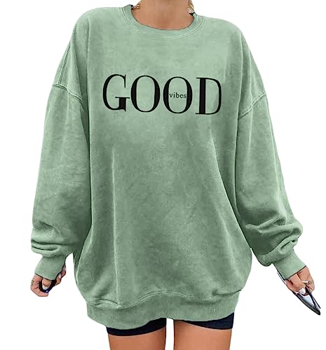 Minetom Damen Sweatshirt ohne Kapuze Vintage Drucken Oversized Langarmshirt Rundhals Pullover Tops Teenager Mädchen Lockerer Oberteile Hip Hop Top Casual Mode Brief Print Shirt C Grün XL von Minetom