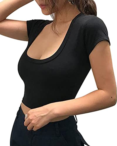 Minetom Damen T-Shirt Kurzarm U-Ausschnitt Sexy Sommer Oberteile Wickelbluse Einfarbig Schlank Hemd Oberteile Bauchfrei Crop Tops B Schwarz L von Minetom