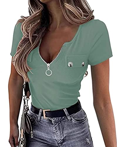 Minetom Damen T-Shirt Kurzarm V Ausschnitt Sexy Reißverschluss Sommer Oberteile Wickelbluse Pullover Schlank Hemd Oberteile Tops D Grün L von Minetom